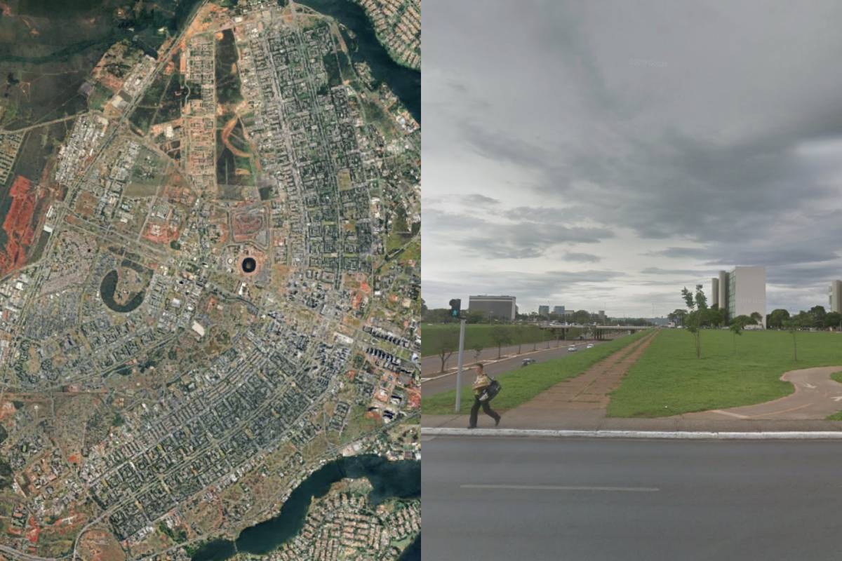 A satelite view of Brasilia, a city shaped like an eagle, next to a shot from street level showing a barren, desolate pathway