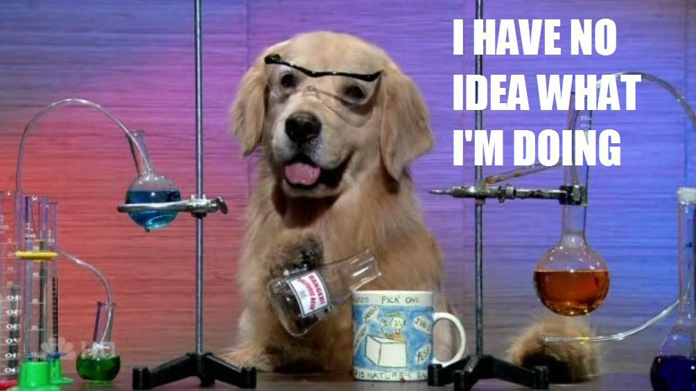 A dog looking silly, sitting by a desk of chemistry equipment, pouring from a beaker into a coffee cup. The caption reads 'I have no idea what I'm doing'